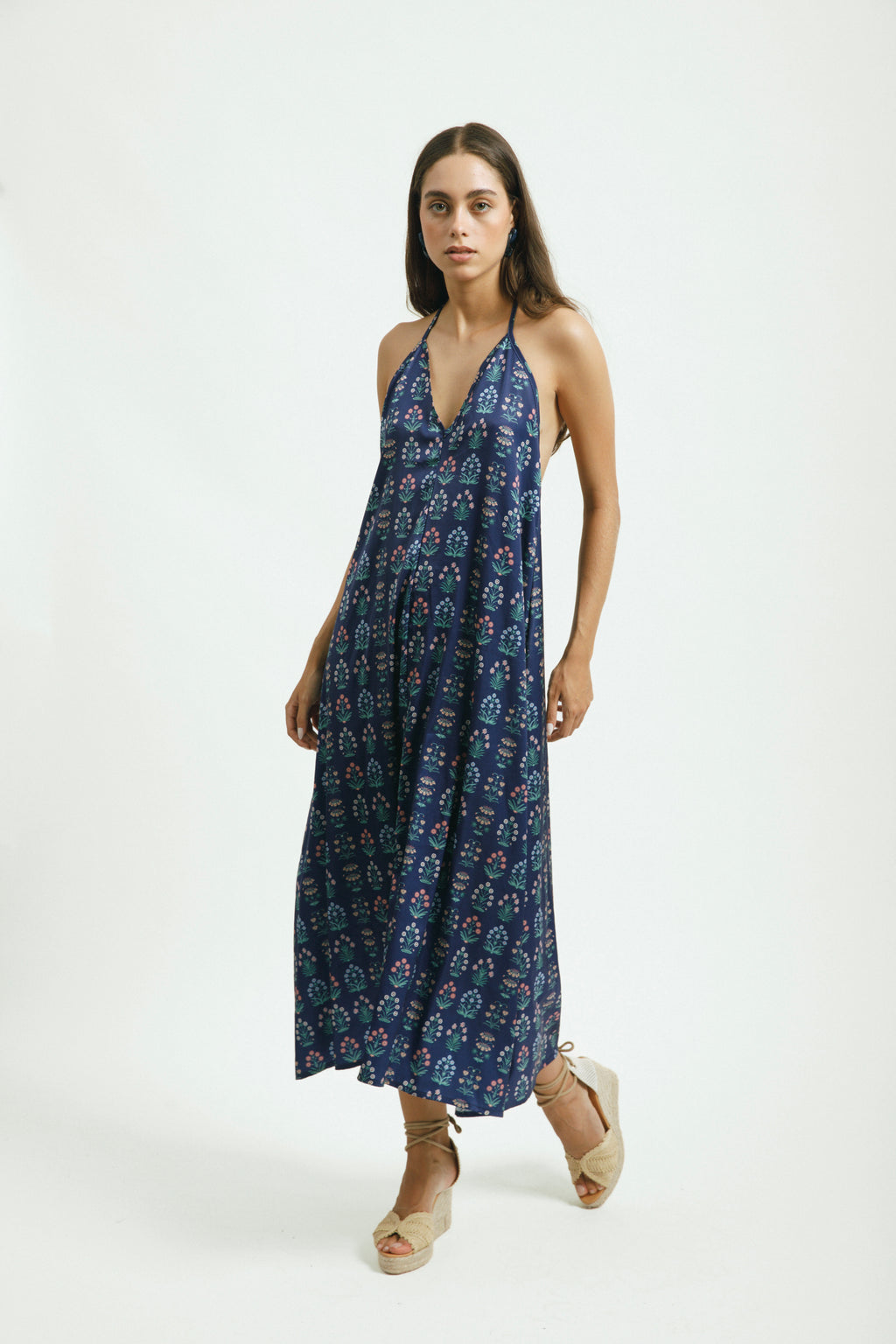 vestido largo blue print floral tela seda bucare