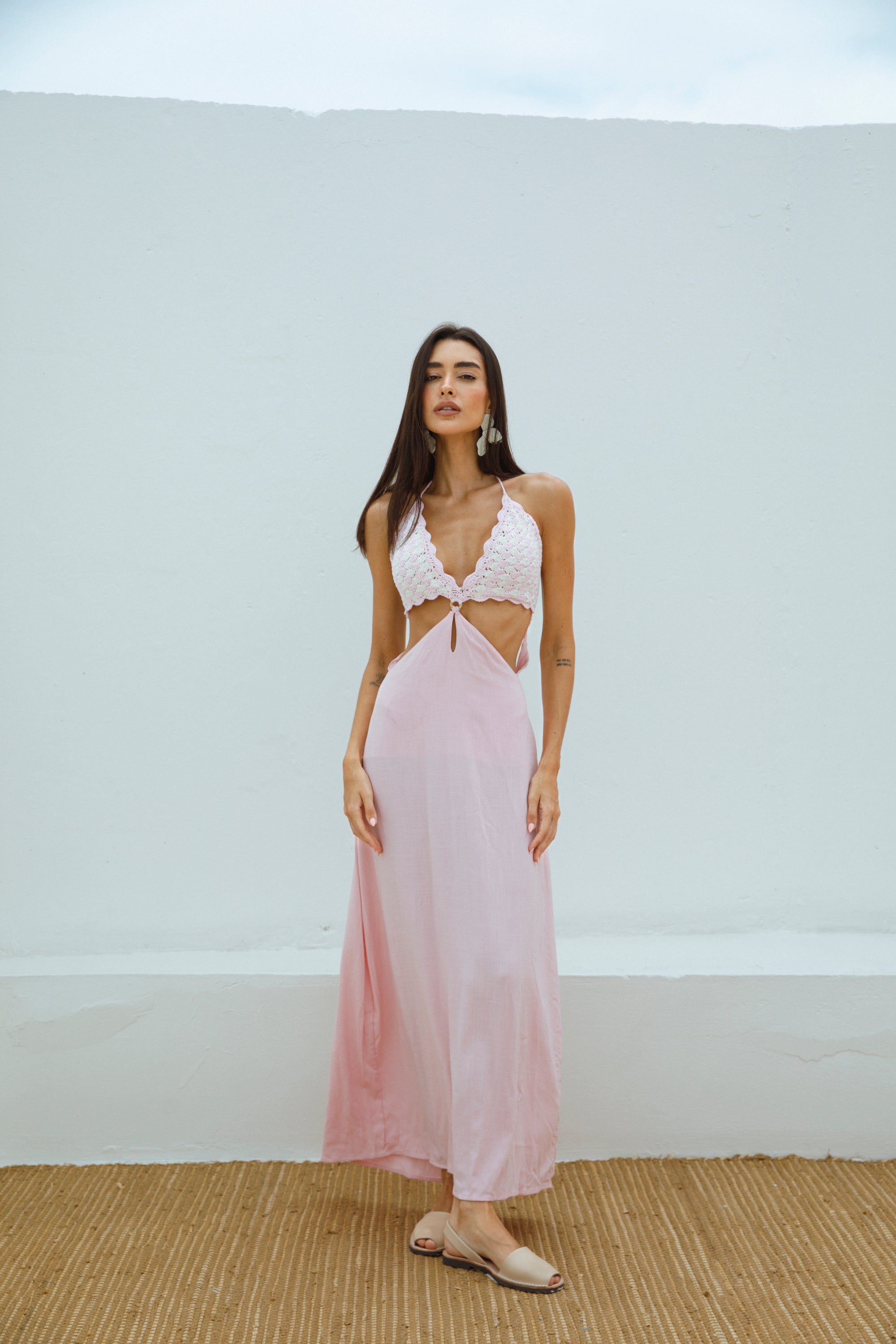 vestido tejido a mano crochet rosado mujer